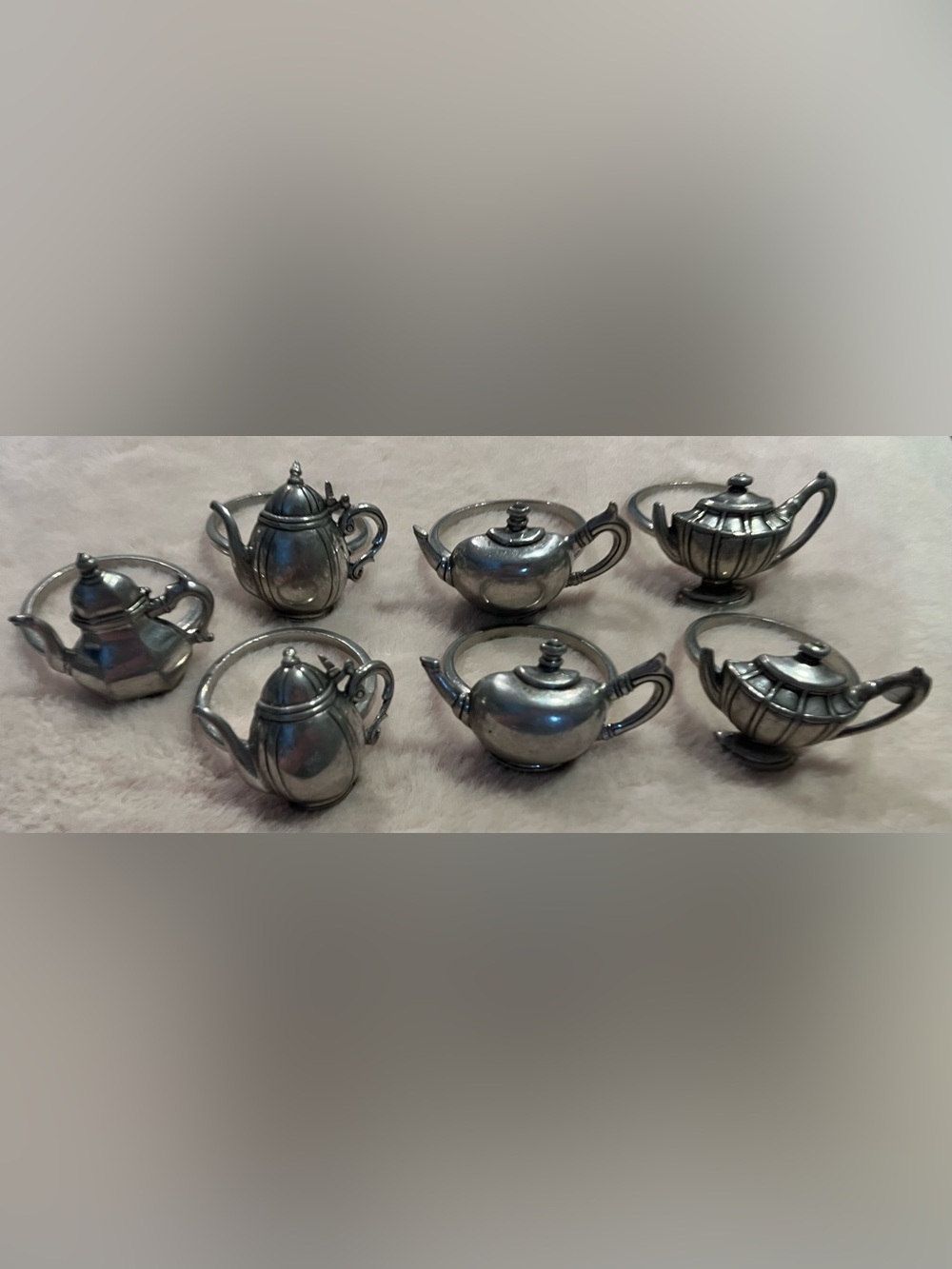 Vintage Cottagecore Pewter Teapot Napkin Rings Set